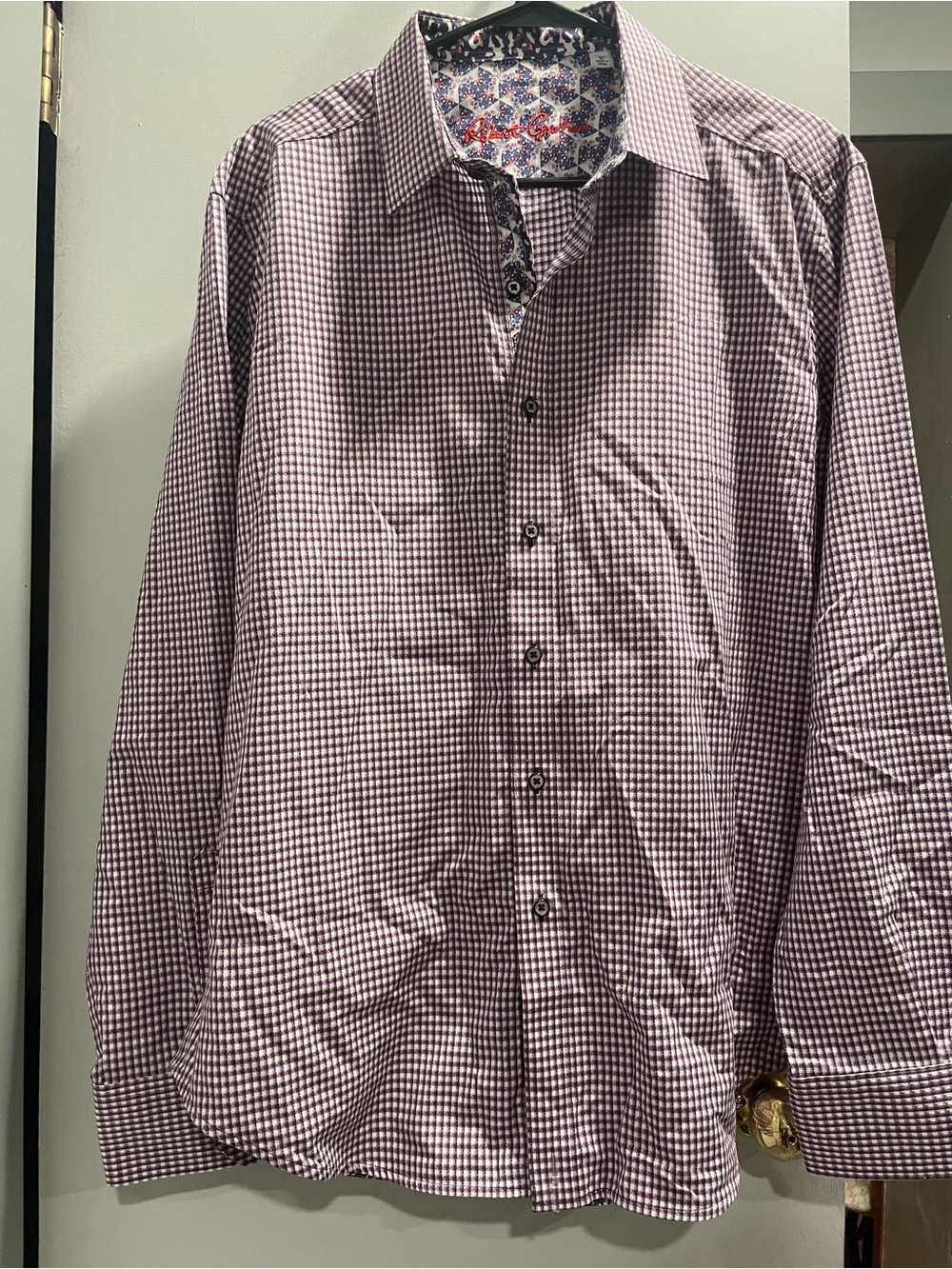 Robert Graham Burgundy/White Gingham Dress Shirt with Printed Inner Collar sz L